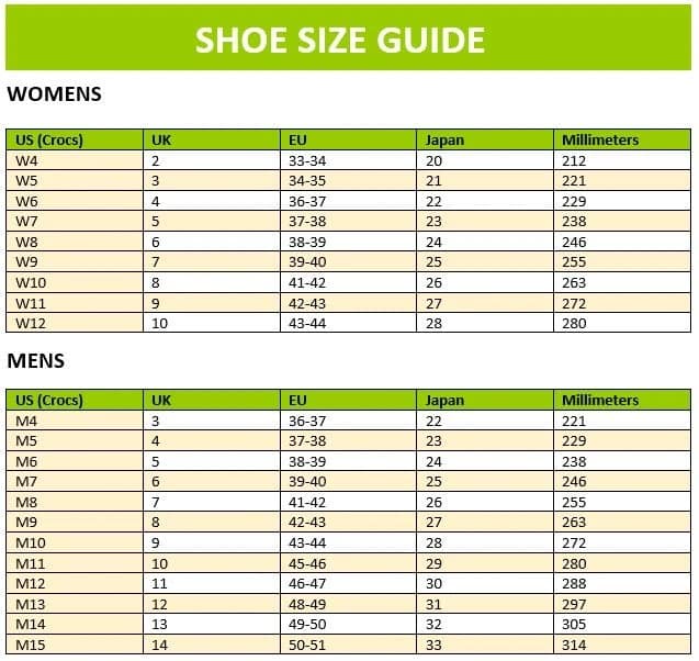 bảng size crocs; crocs size chart shoes