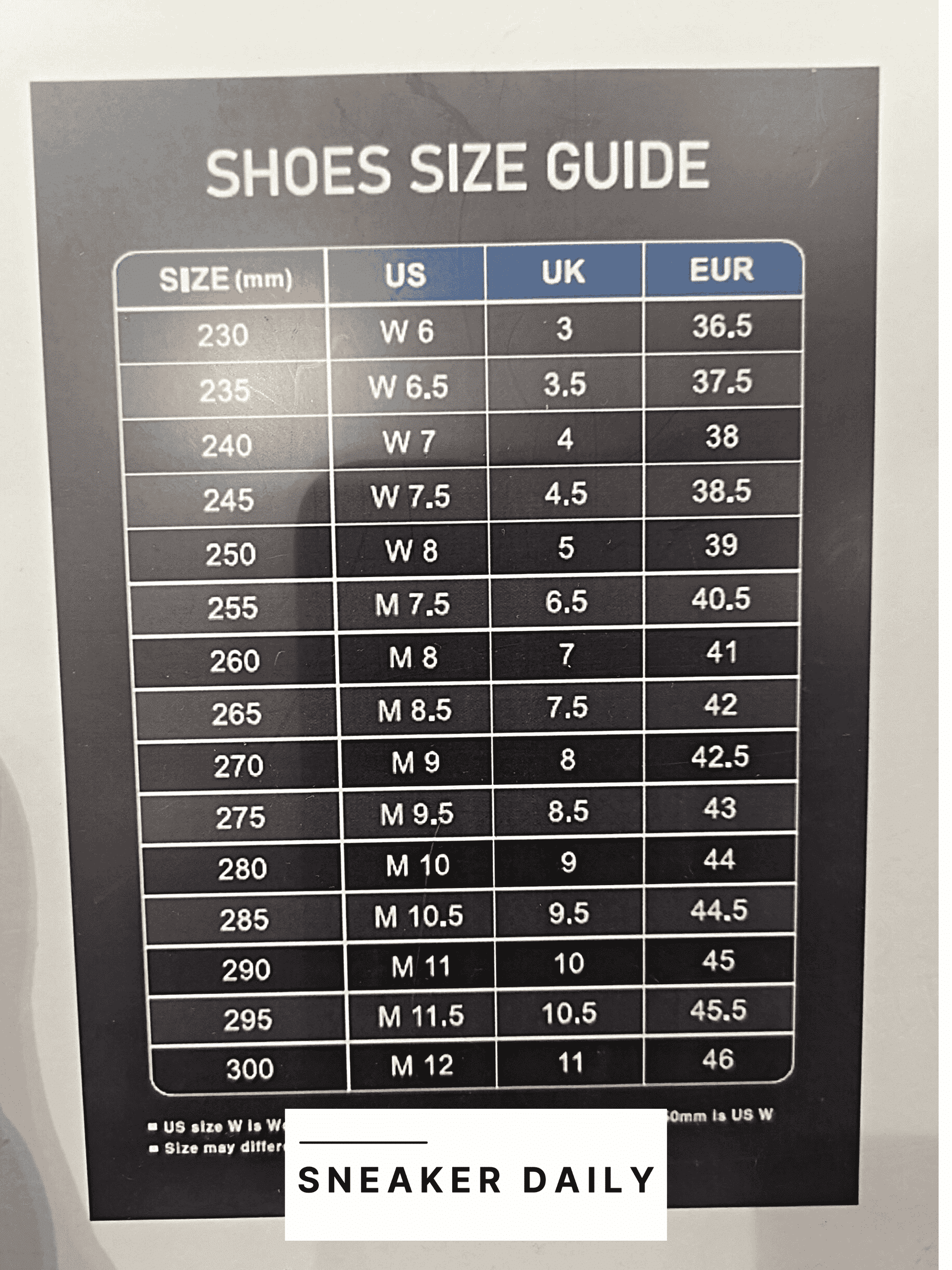 mlb size chart shoes