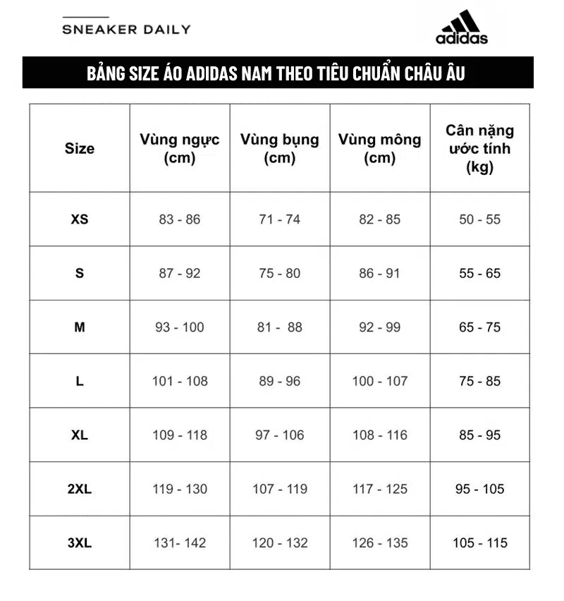 Bảng size áo adidas theo cân nặng chuẩn·xác nhất đúng tiêu chuẩn Châu Âu