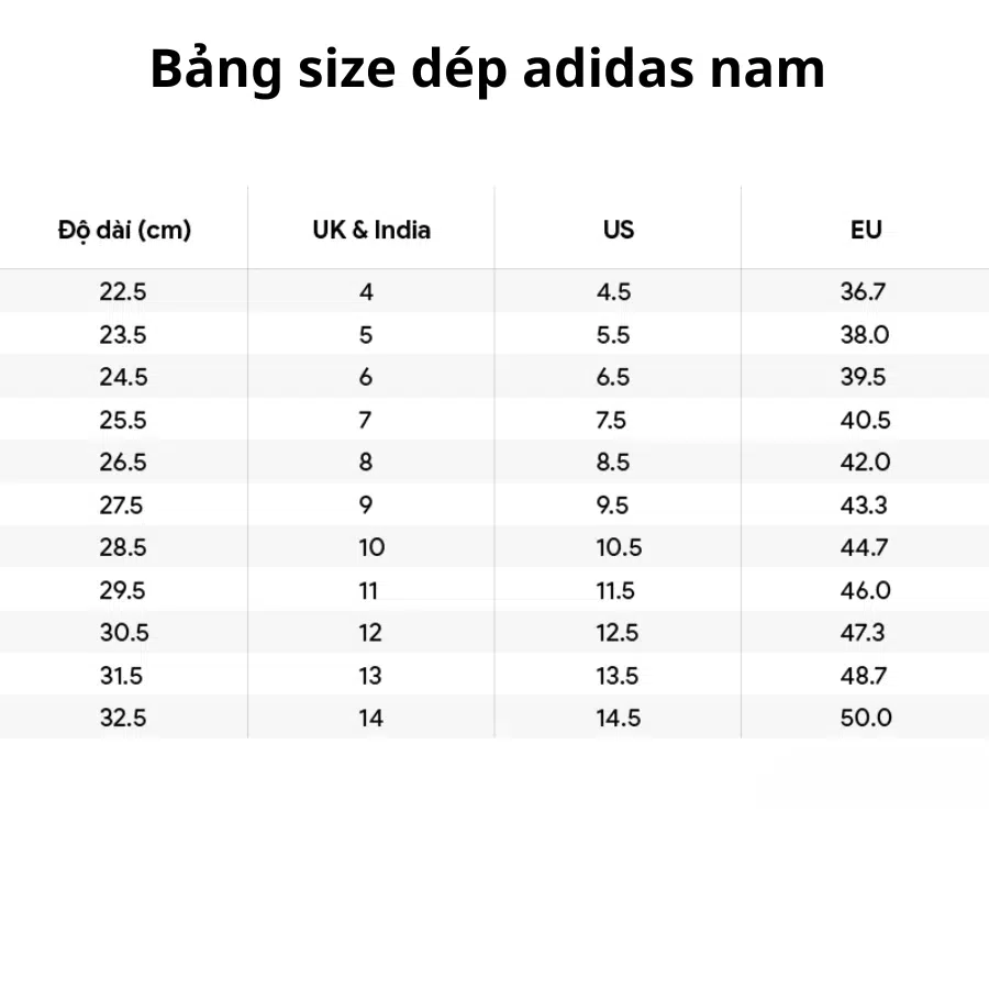 bảng size dép adidas nam