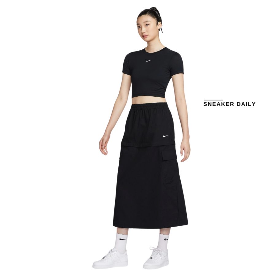 váy nike sportswear essential women's mid-rise woven cargo midi skirt fv7504-010