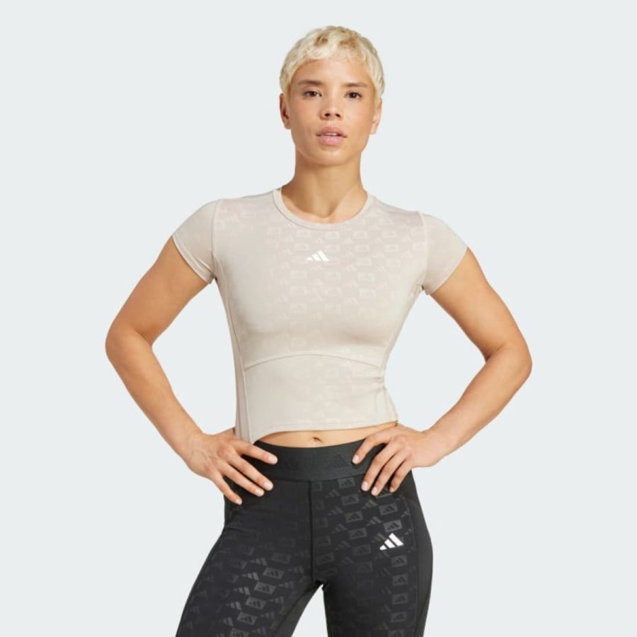 áo adidas hyperglam training emboss tee - wonder beige ix3203