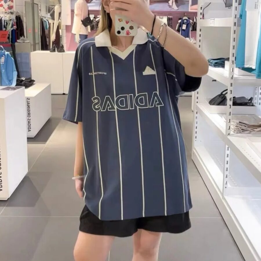áo adidas polo tiro stripe heavy jersey loose blue jc5745