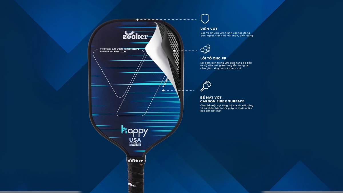 "giải phẫu" cấu tạo vợt pickleball chuẩn với 9 yếu tố lớp phủ uv bề mặt