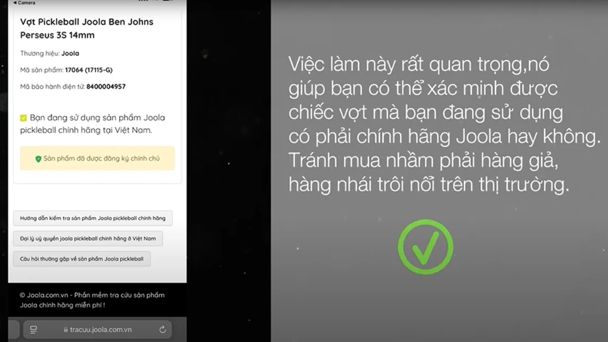 mẹo kiểm tra vợt joola chính hãng bằng điện thoại