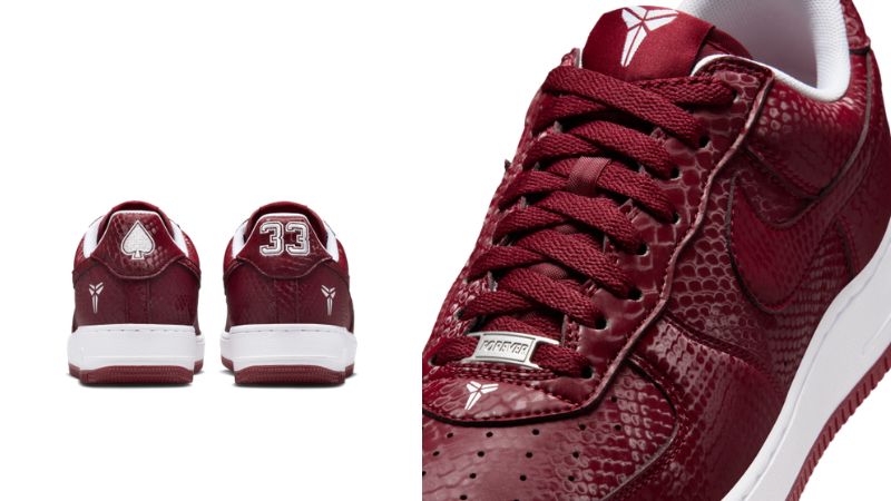 Logo kiếm sĩ độc quyền được thêu, dập nổi ở gót giày và lưỡi gà trong bộ sưu tập Nike Air Force 1 Kobe