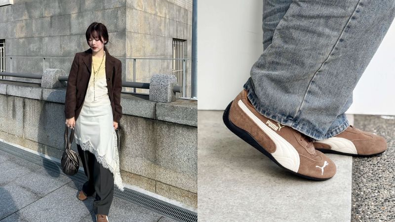 Phong cách sang trọng nữ tính phối Puma Speedcat da lộn nâu với blazer nâu và đầm ren trắng bất đối xứng.