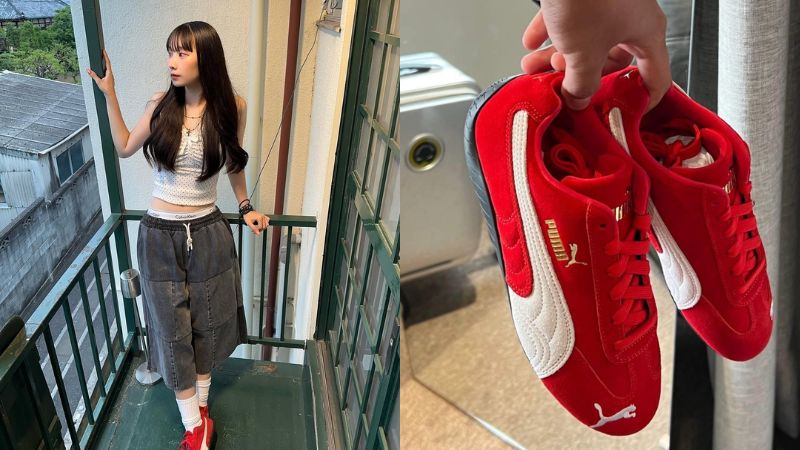 Street style trẻ trung phối Puma Speedcat đỏ với áo croptop chấm bi và chân váy denim cạp CK.