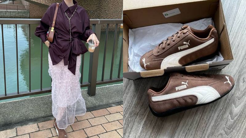 Phong cách tiểu thư mềm mại phối Puma Speedcat nâu suede cùng sơ mi tím than buộc eo và chân váy ren hồng pastel.