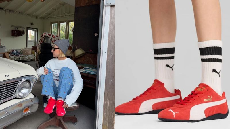 Outfit vintage đáng yêu phối Puma Speedcat đỏ với sweatshirt trắng và quần jeans ống loe thêu hoa.