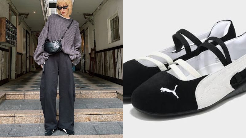 Kết hợp áo đệt kim oversize, quần jogger đen và giày Puma Speedcat