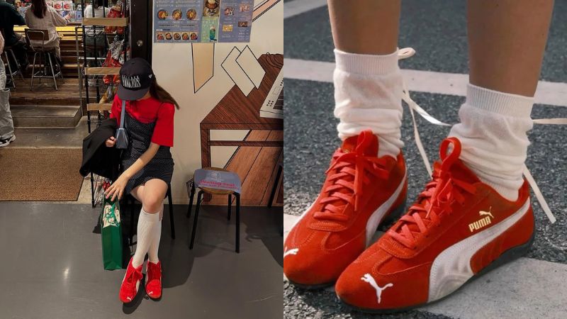 Phối đồ preppy trẻ trung với Puma Speedcat đỏ, áo phông đỏ layer đầm chấm bi và tất cao cổ trắng.