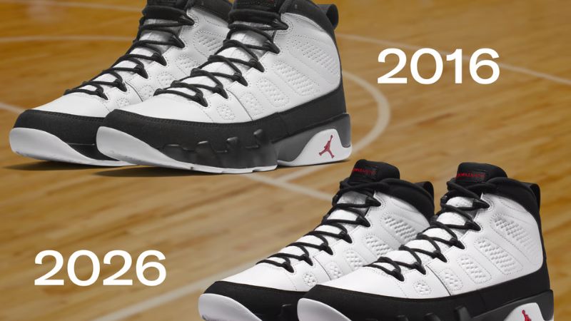 Hai phiên bản Jordan 9 cùng sử dụng phối màu White Black True Red đặc trưng của dòng giày