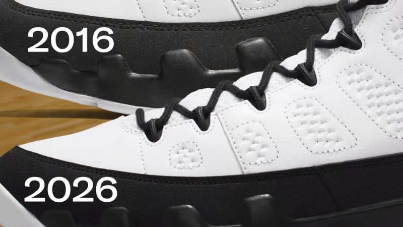 Jordan 9 Space Jam 2026 sử dụng sắc đen nubuck sâu hơn, tương phản rõ với phần da trắng